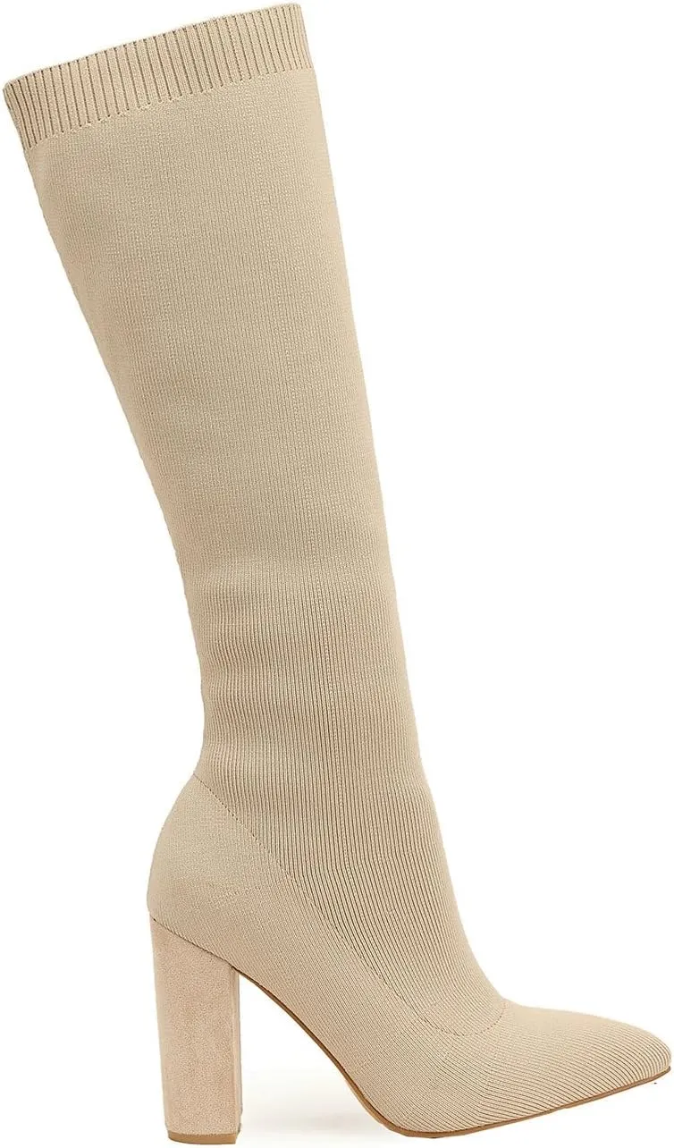 Knit Sock Boots for Women Knee High Pointed Toe Chunky Heel Over The Knee Boots Stretch Pull On Boots
