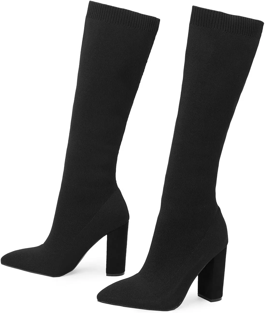Knit Sock Boots for Women Knee High Pointed Toe Chunky Heel Over The Knee Boots Stretch Pull On Boots