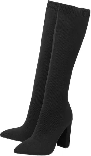 Knit Sock Boots for Women Knee High Pointed Toe Chunky Heel Over The Knee Boots Stretch Pull On Boots