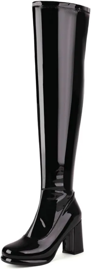 KOKOMOMO Metallic Platform Boots Patent Leather Thigh High Heeled Full Zip Boots Over The Knee High Heel Boots