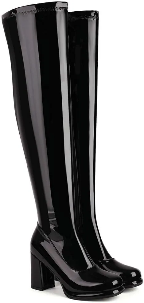KOKOMOMO Metallic Platform Boots Patent Leather Thigh High Heeled Full Zip Boots Over The Knee High Heel Boots
