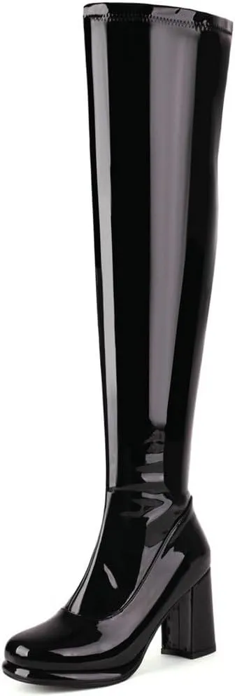 KOKOMOMO Metallic Platform Boots Patent Leather Thigh High Heeled Full Zip Boots Over The Knee High Heel Boots