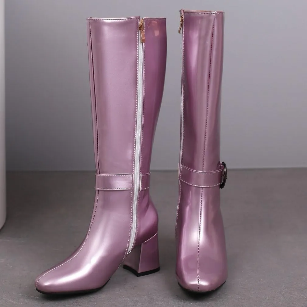 KOKOMOMO Shiny Metallic Boots Patent Square Toe Knee High Heeled Boots Gogo Boots