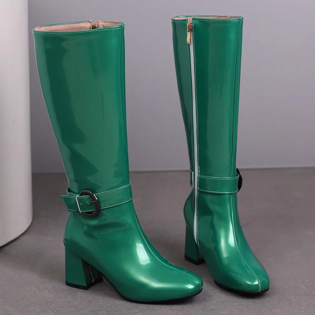 KOKOMOMO Shiny Metallic Boots Patent Square Toe Knee High Heeled Boots Gogo Boots