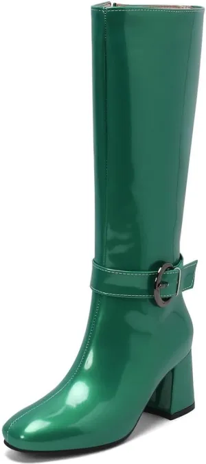 KOKOMOMO Shiny Metallic Boots Patent Square Toe Knee High Heeled Boots Gogo Boots