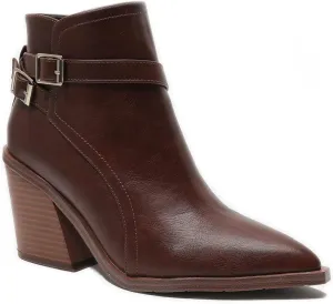 KUUTGG Women's Pointed Toe Western Chelsea Ankle Boots Buckle Zip Stacked Chunky High Heel Dressy Short Booties