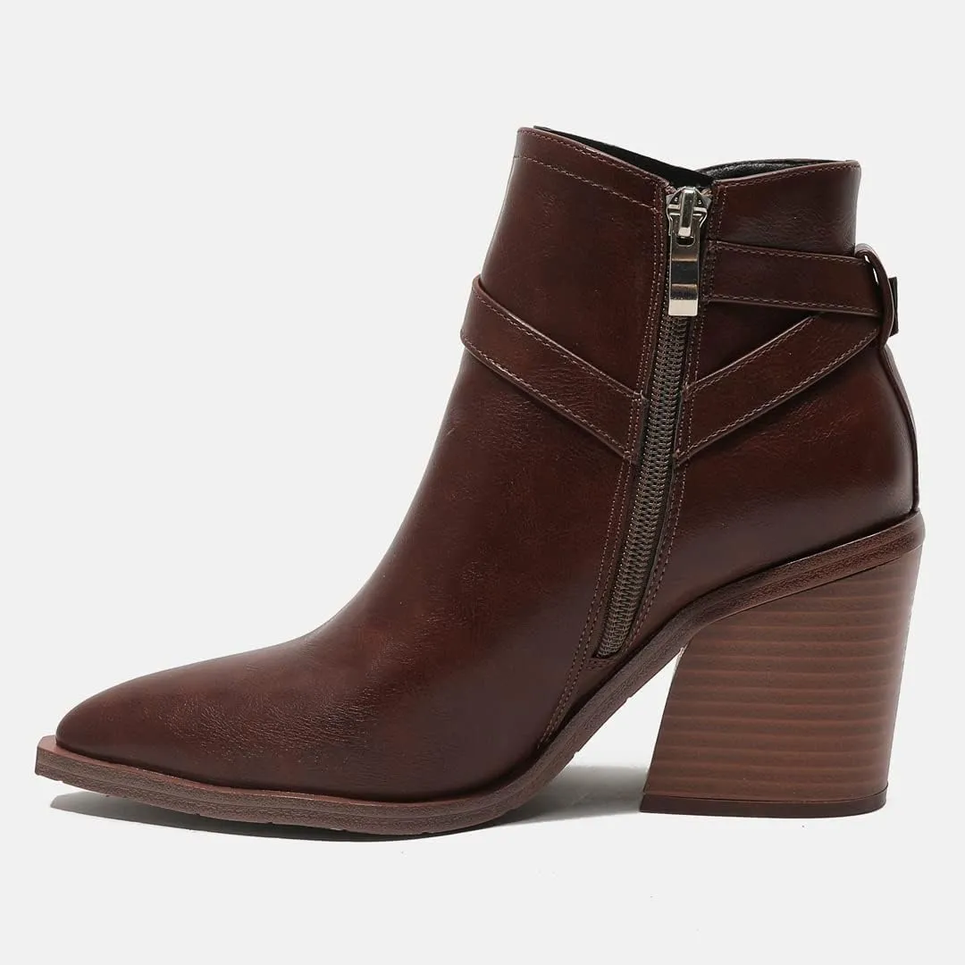 KUUTGG Women's Pointed Toe Western Chelsea Ankle Boots Buckle Zip Stacked Chunky High Heel Dressy Short Booties