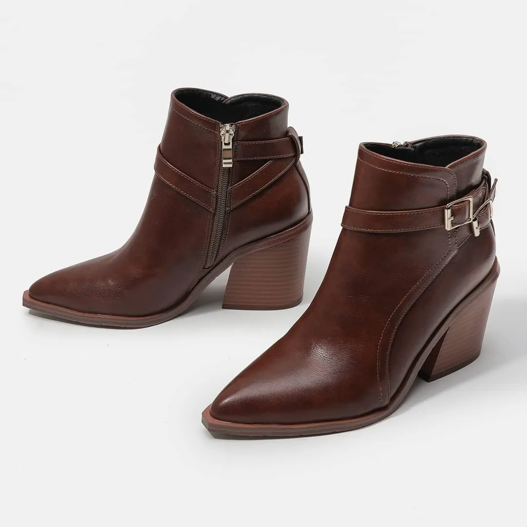 KUUTGG Women's Pointed Toe Western Chelsea Ankle Boots Buckle Zip Stacked Chunky High Heel Dressy Short Booties