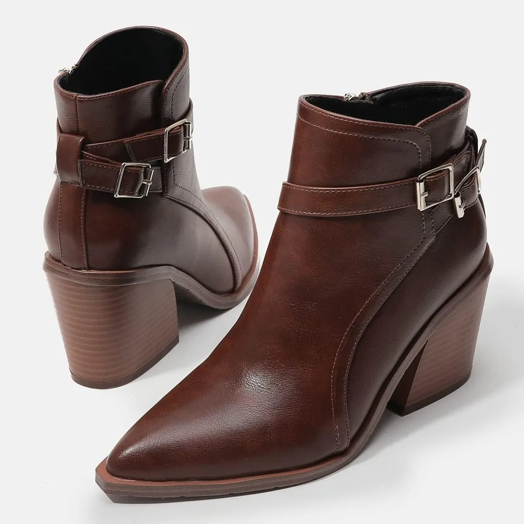 KUUTGG Women's Pointed Toe Western Chelsea Ankle Boots Buckle Zip Stacked Chunky High Heel Dressy Short Booties