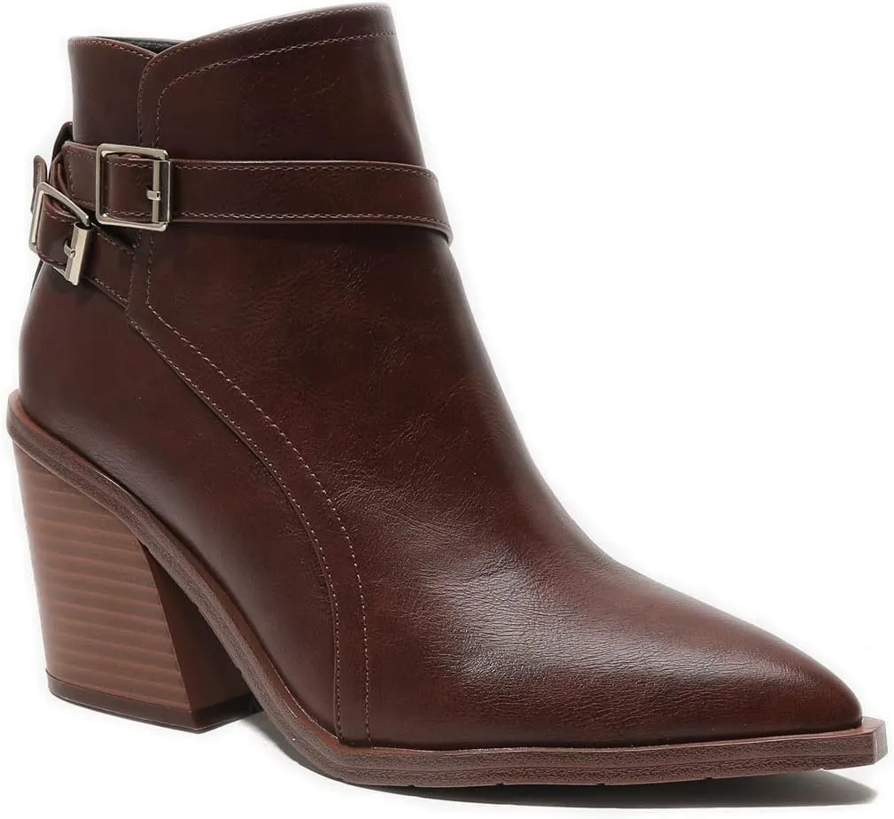 KUUTGG Women's Pointed Toe Western Chelsea Ankle Boots Buckle Zip Stacked Chunky High Heel Dressy Short Booties