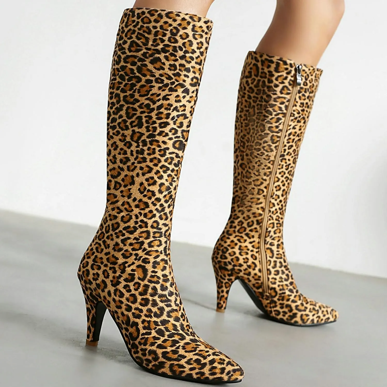 KysBloes Kitten Heel Knee High Pointed Toe Boots for Women High Heel Long Boots with Zipper,Metallic Knee High Boots