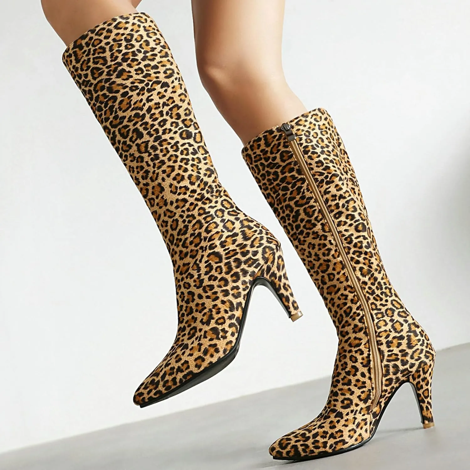 KysBloes Kitten Heel Knee High Pointed Toe Boots for Women High Heel Long Boots with Zipper,Metallic Knee High Boots