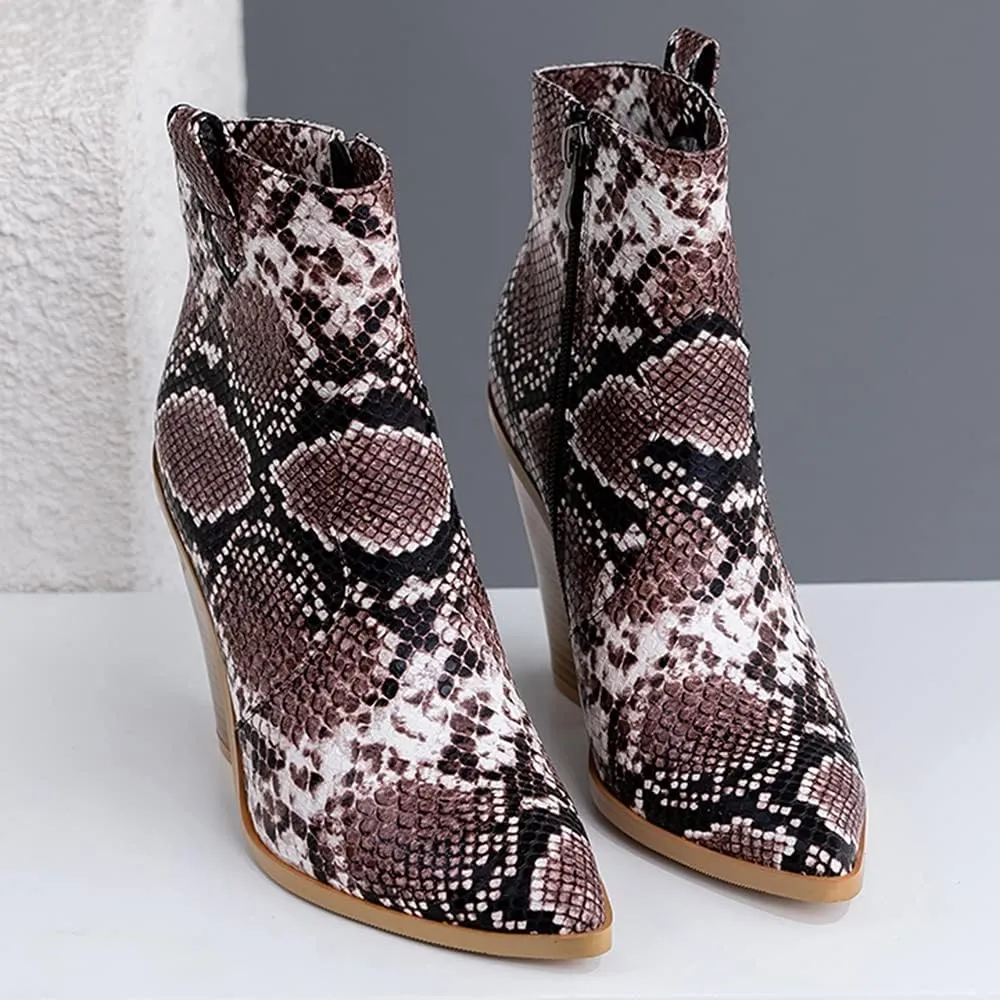 LEHOOR Women Chunky Heel Western Booties Animal Print Women Side Zipper Cowboy Ankle Boots Stacked Heel Pointed Toe Short Boots Mid Calf Cowgirl Classic Sexy Vintage Party Casual 5-11 M US