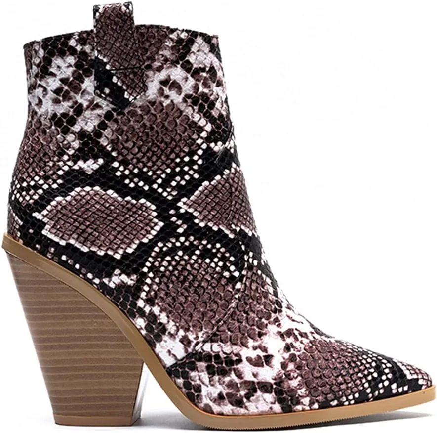 LEHOOR Women Chunky Heel Western Booties Animal Print Women Side Zipper Cowboy Ankle Boots Stacked Heel Pointed Toe Short Boots Mid Calf Cowgirl Classic Sexy Vintage Party Casual 5-11 M US