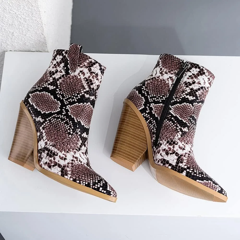 LEHOOR Women Chunky Heel Western Booties Animal Print Women Side Zipper Cowboy Ankle Boots Stacked Heel Pointed Toe Short Boots Mid Calf Cowgirl Classic Sexy Vintage Party Casual 5-11 M US