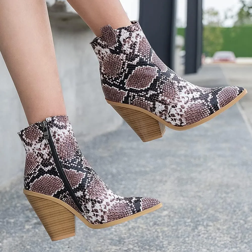 LEHOOR Women Chunky Heel Western Booties Animal Print Women Side Zipper Cowboy Ankle Boots Stacked Heel Pointed Toe Short Boots Mid Calf Cowgirl Classic Sexy Vintage Party Casual 5-11 M US