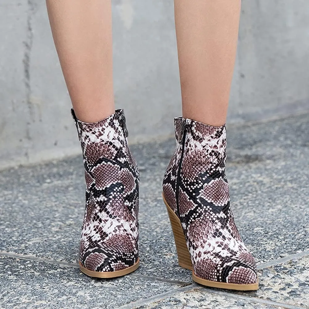 LEHOOR Women Chunky Heel Western Booties Animal Print Women Side Zipper Cowboy Ankle Boots Stacked Heel Pointed Toe Short Boots Mid Calf Cowgirl Classic Sexy Vintage Party Casual 5-11 M US