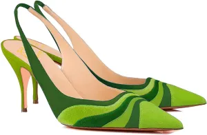 LEHOOR Women Rainbow Slingback Pumps Kitten Heels Pointed Toe Suede, Multicolor High Heel Pumps Stiletto Elastic Strap Closed Toe for Ladies Dress Party 5-13 M US
