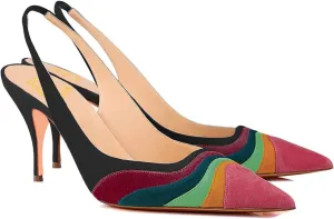 LEHOOR Women Rainbow Slingback Pumps Kitten Heels Pointed Toe Suede, Multicolor High Heel Pumps Stiletto Elastic Strap Closed Toe for Ladies Dress Party 5-13 M US