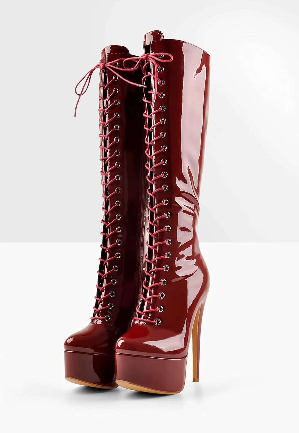 LISHAN Women's Fashion Stiletto Heels Platform Lace Up Knee High Boots