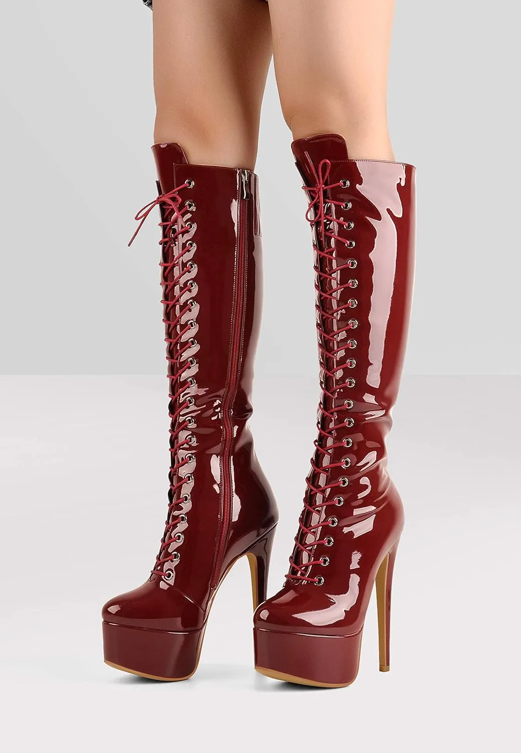 LISHAN Women's Fashion Stiletto Heels Platform Lace Up Knee High Boots