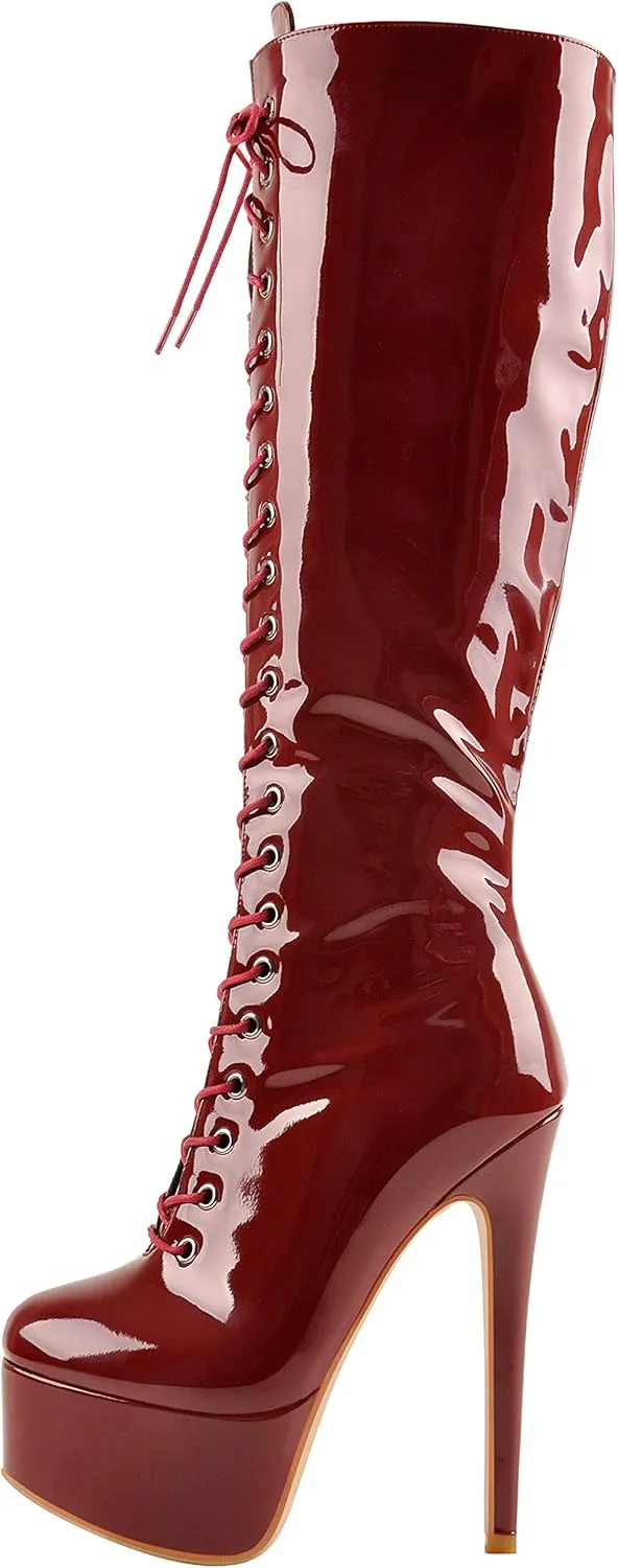 LISHAN Women's Fashion Stiletto Heels Platform Lace Up Knee High Boots