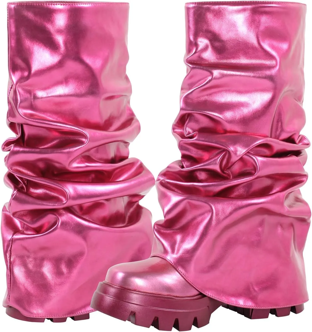 LISHAN Women's Platform Heel Metallic Fold Over Pull on Shark Ruched Boots