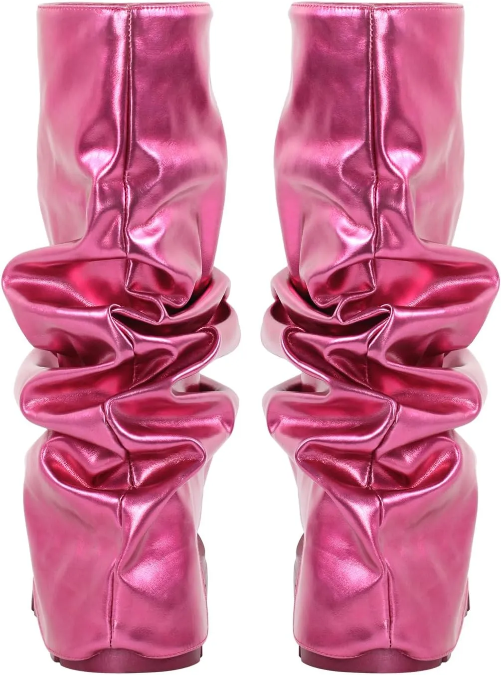 LISHAN Women's Platform Heel Metallic Fold Over Pull on Shark Ruched Boots