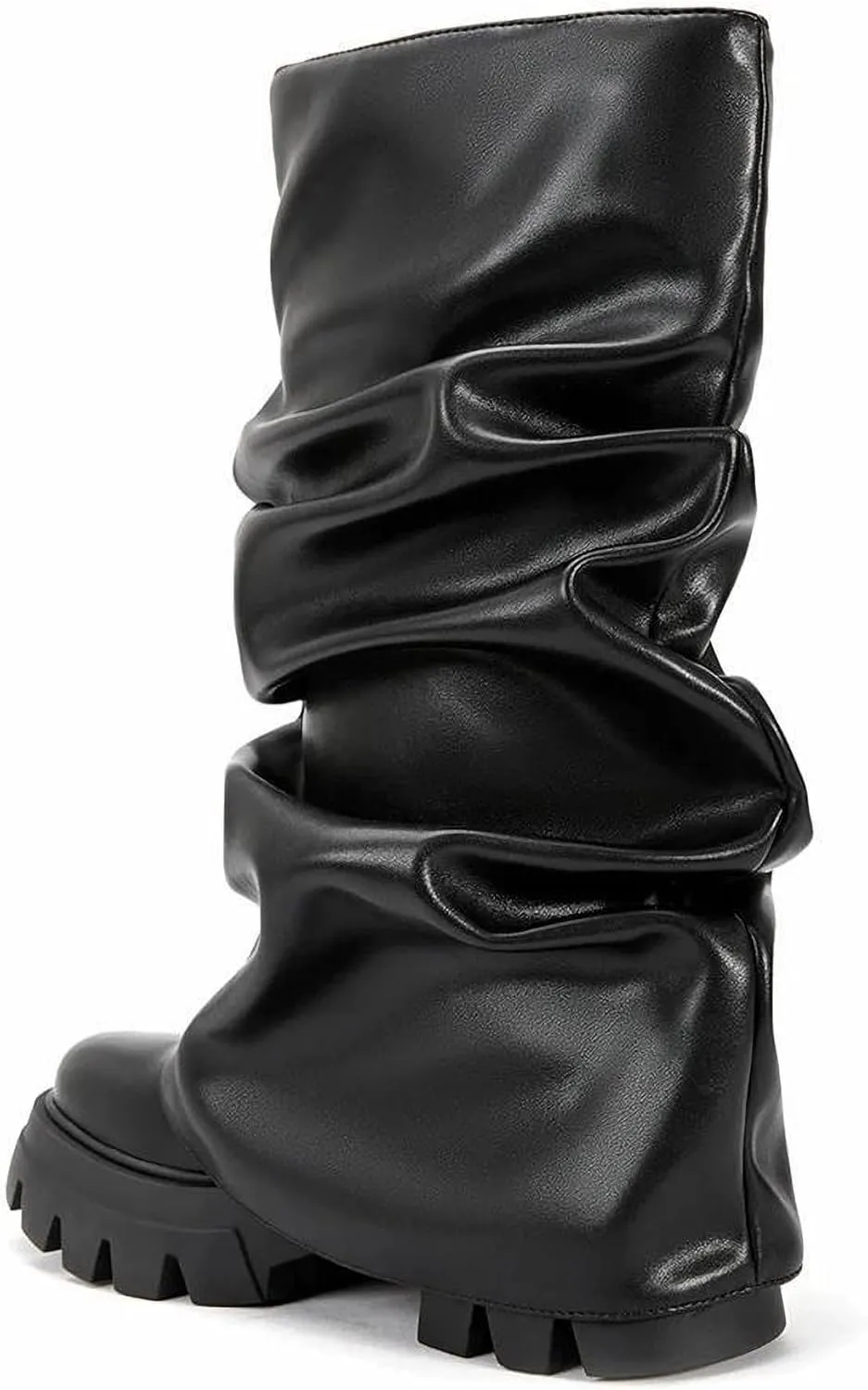 LISHAN Women's Platform Heel Metallic Fold Over Pull on Shark Ruched Boots