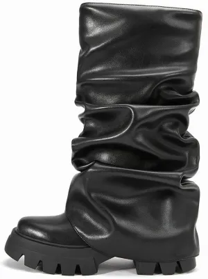 LISHAN Women's Platform Heel Metallic Fold Over Pull on Shark Ruched Boots