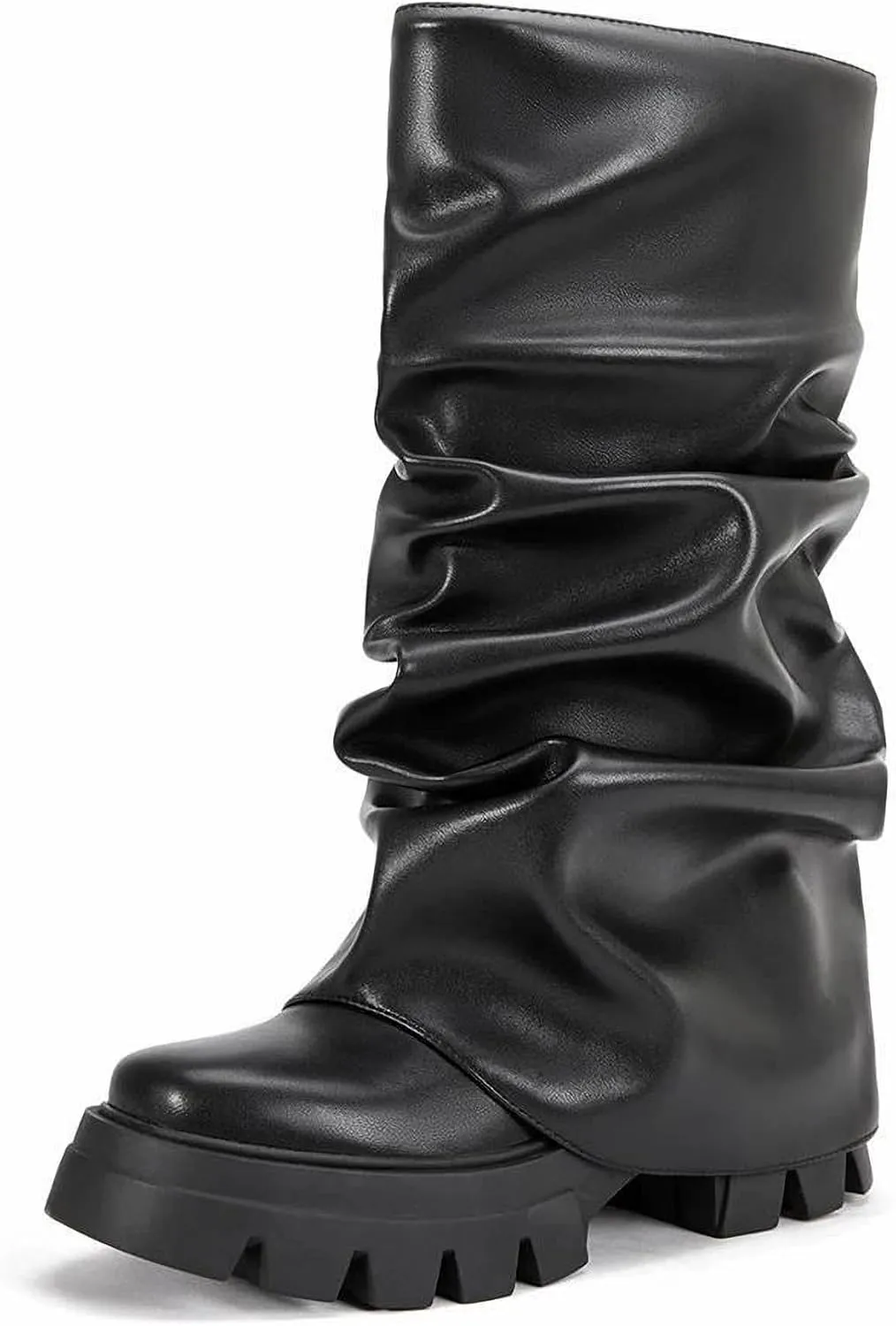 LISHAN Women's Platform Heel Metallic Fold Over Pull on Shark Ruched Boots