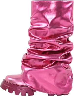 LISHAN Women's Platform Heel Metallic Fold Over Pull on Shark Ruched Boots