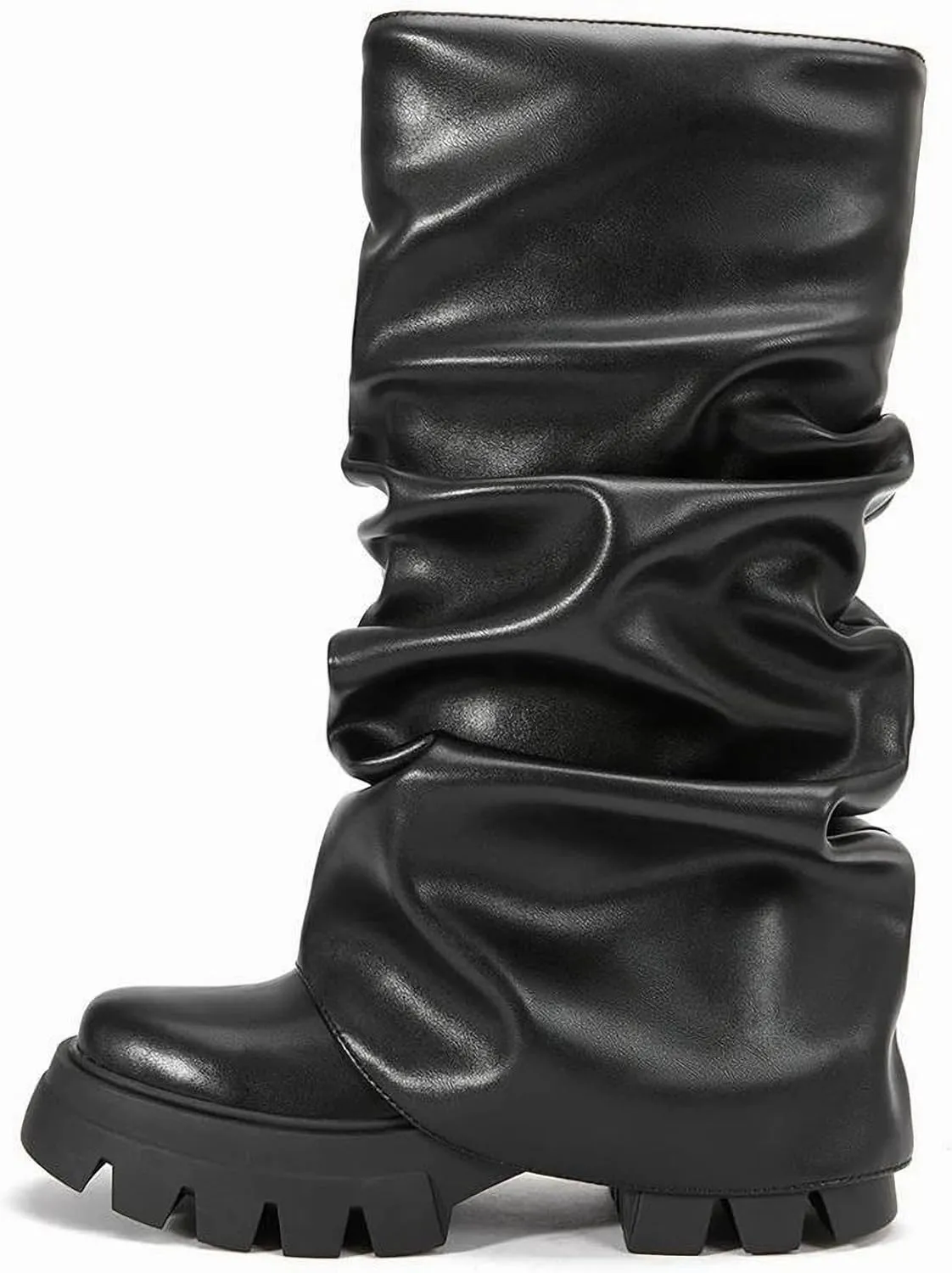 LISHAN Women's Platform Heel Metallic Fold Over Pull on Shark Ruched Boots