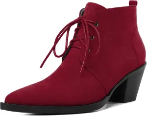 Mettesally Womens Lace Up Ankle Boots Pointed Toe Mid Chunky Heels Slip On Winter Short Booties Shoes