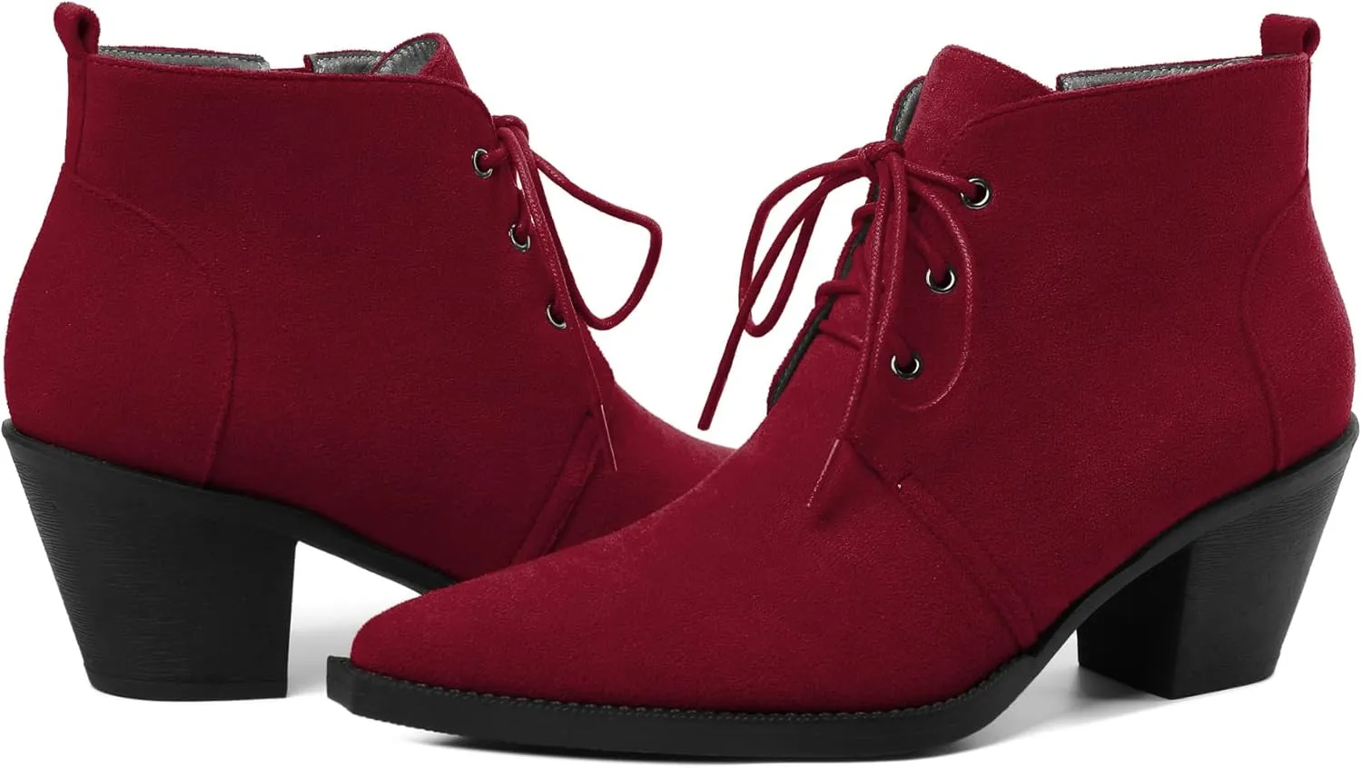 Mettesally Womens Lace Up Ankle Boots Pointed Toe Mid Chunky Heels Slip On Winter Short Booties Shoes