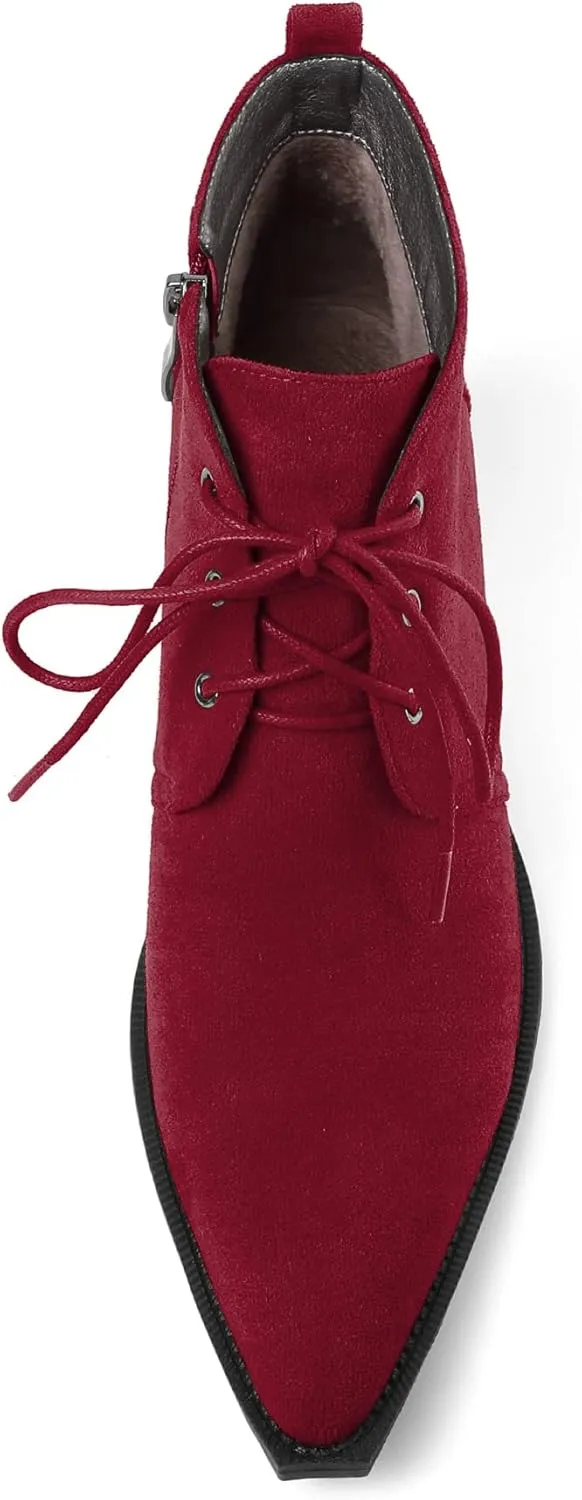Mettesally Womens Lace Up Ankle Boots Pointed Toe Mid Chunky Heels Slip On Winter Short Booties Shoes