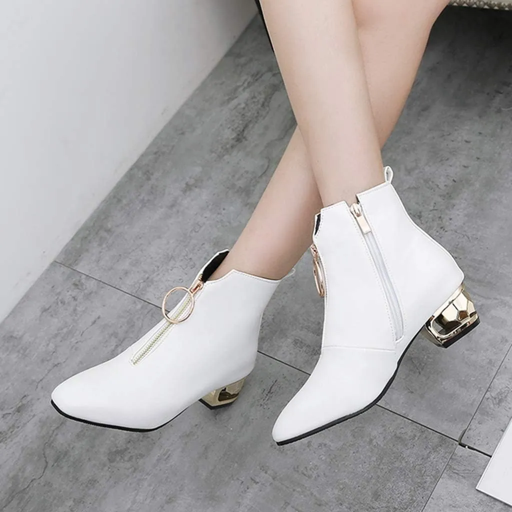 MIOKE Women's Fashion Dress Ankle Boots Square Toe Metallic Zipper Sparkle Low Heel Chelsea Short Booties