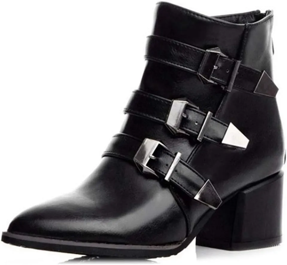 MIOKE Women's Pointed Toe Chelsea Ankle Boots Buckle Strappy Block Heel Zipper Bootie Western Short Boot
