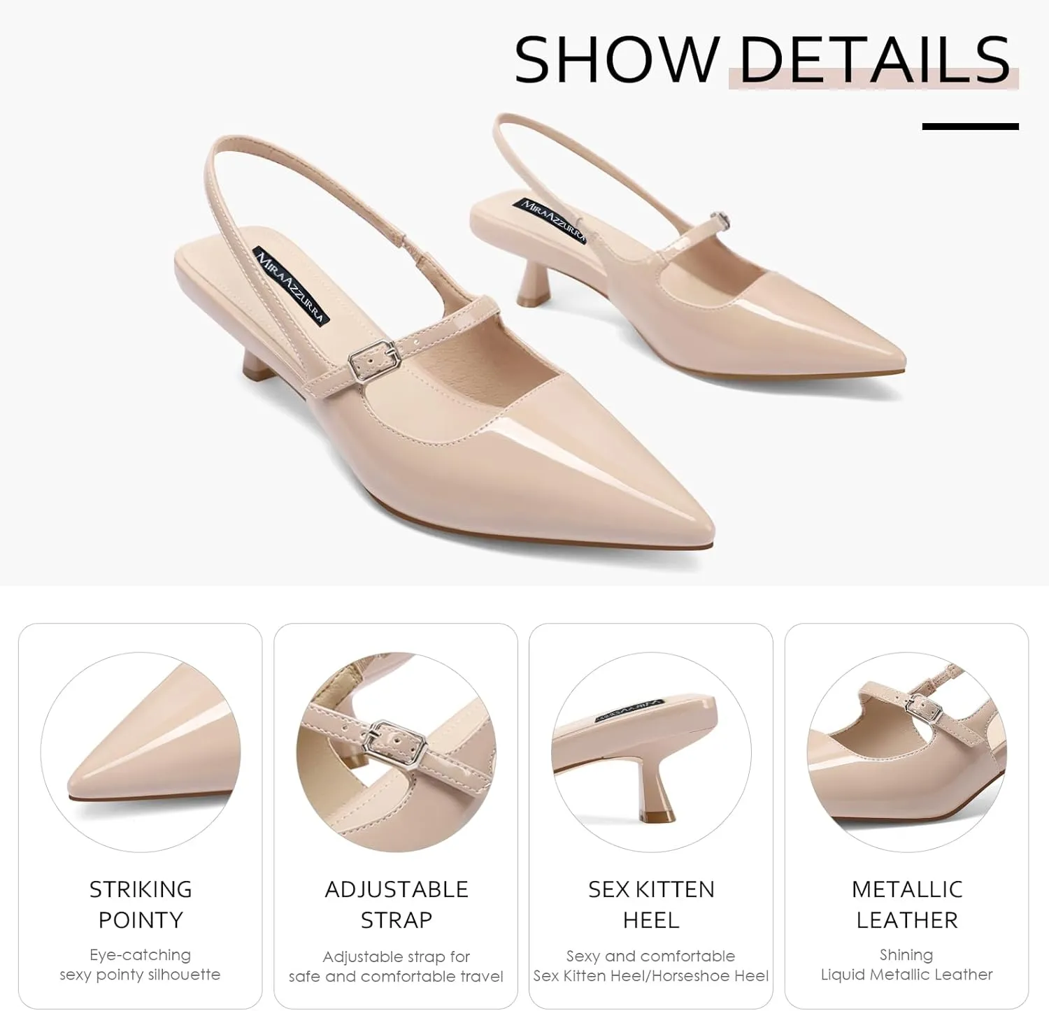 MIRAAZZURRA Slingback Kitten Heels Pumps Pointed Toe Low Heel Slip On Dress Shoes with Buckle Strap for Dating Party Working