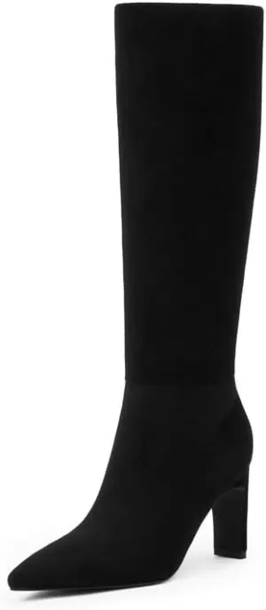 Modatope Tall Knee High Heeled Boots for Women - Pointed Toe, Chunky Heel, Side Zipper, Fall Long Boots