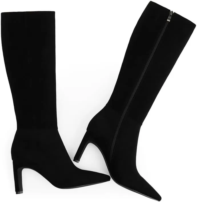 Modatope Tall Knee High Heeled Boots for Women - Pointed Toe, Chunky Heel, Side Zipper, Fall Long Boots