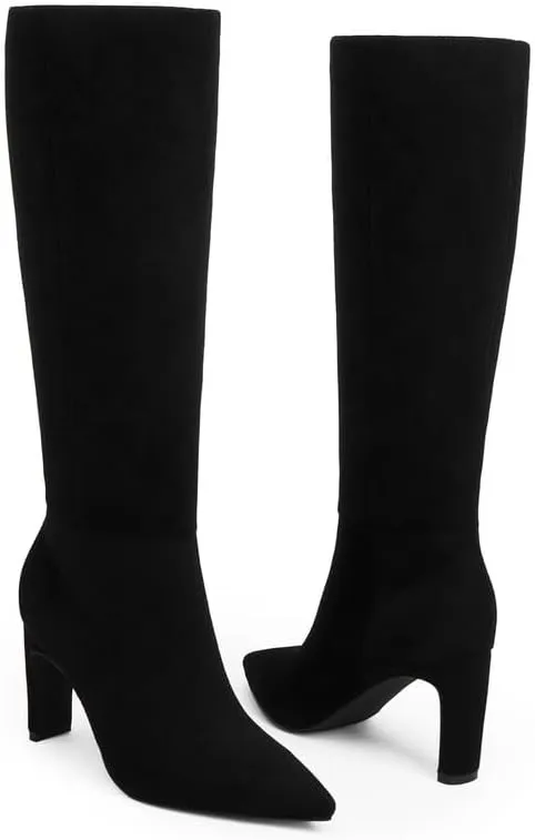 Modatope Tall Knee High Heeled Boots for Women - Pointed Toe, Chunky Heel, Side Zipper, Fall Long Boots