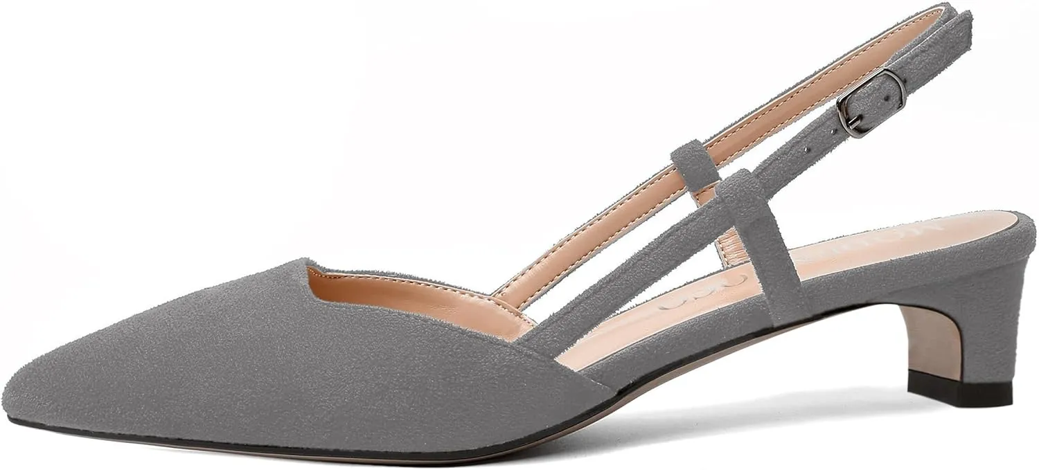 MODENCOCO Womens Buckle Dress Dating Fashion Suede Slingback Pointed Toe Chunky Low Heel Pumps Shoes 1.5 Inch