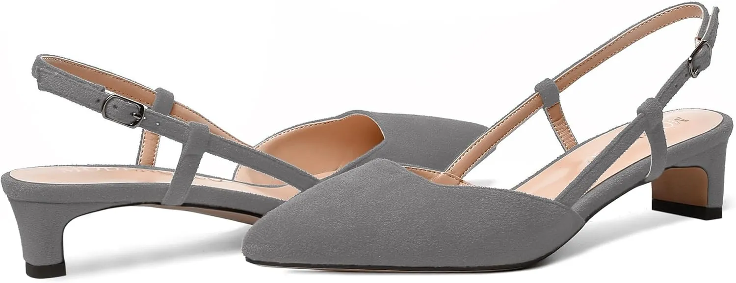 MODENCOCO Womens Buckle Dress Dating Fashion Suede Slingback Pointed Toe Chunky Low Heel Pumps Shoes 1.5 Inch