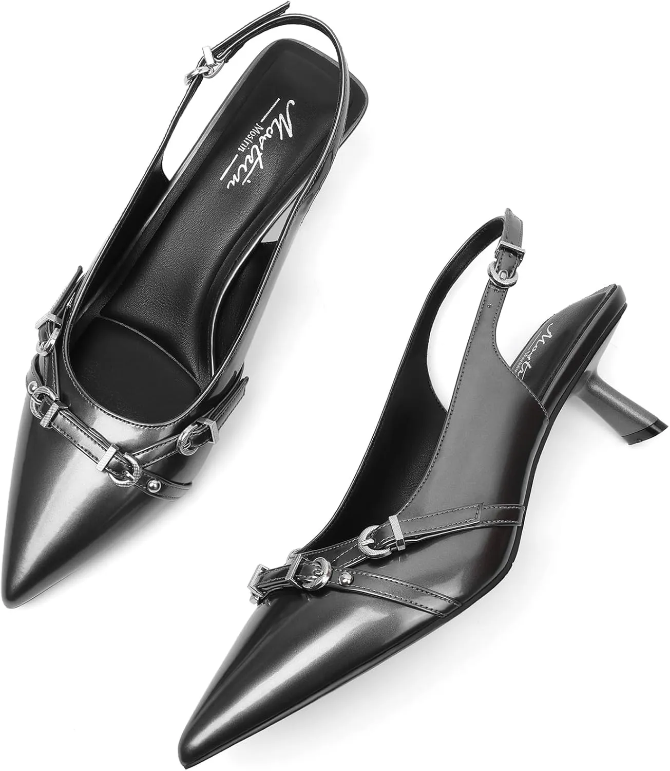 Mostrin Kitten Heels for Women Pointed Toe Pumps Patent Leather Low Heel Slingback Heels with Buckle Dress Shoes for Dating Party Working