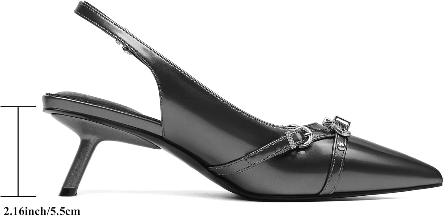 Mostrin Kitten Heels for Women Pointed Toe Pumps Patent Leather Low Heel Slingback Heels with Buckle Dress Shoes for Dating Party Working