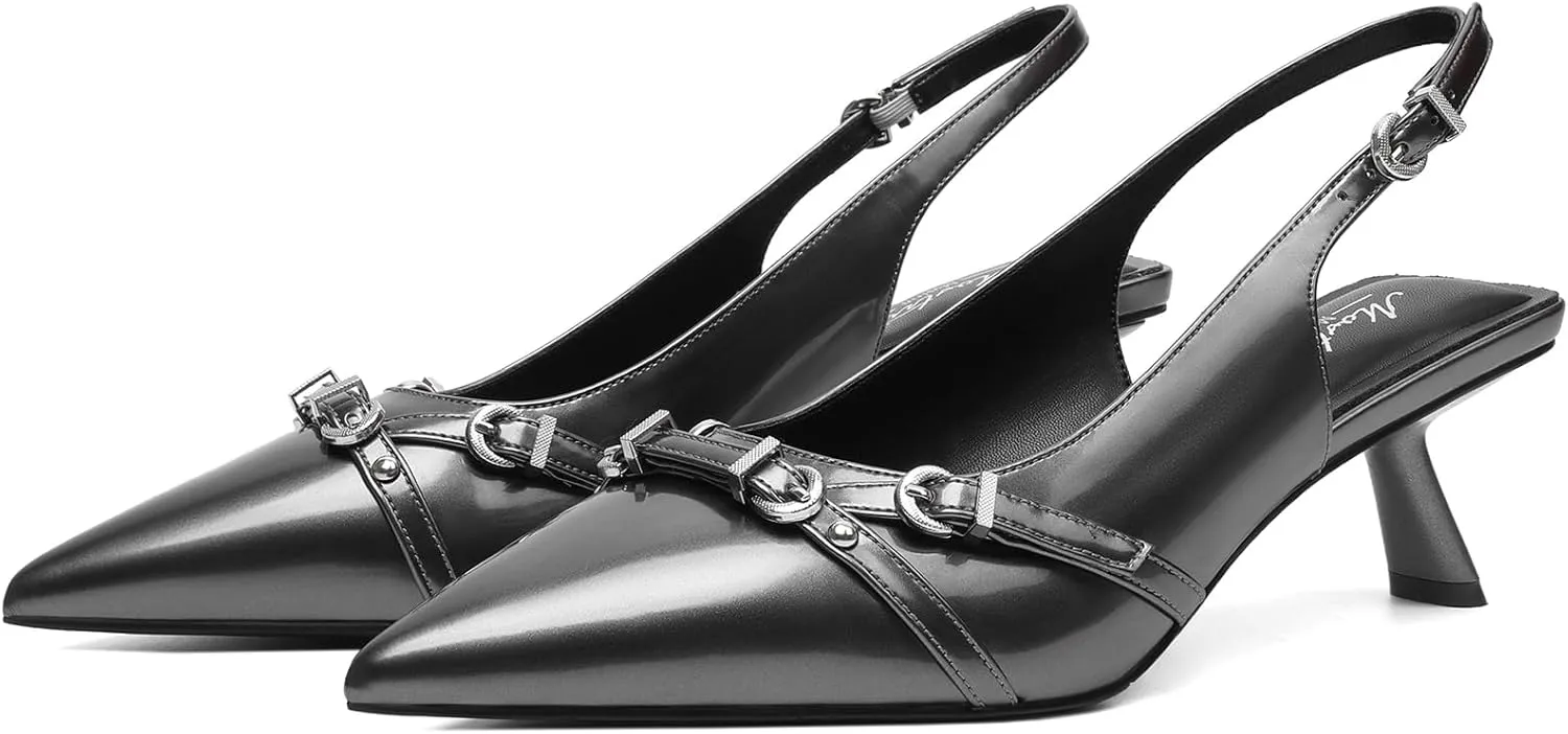 Mostrin Kitten Heels for Women Pointed Toe Pumps Patent Leather Low Heel Slingback Heels with Buckle Dress Shoes for Dating Party Working