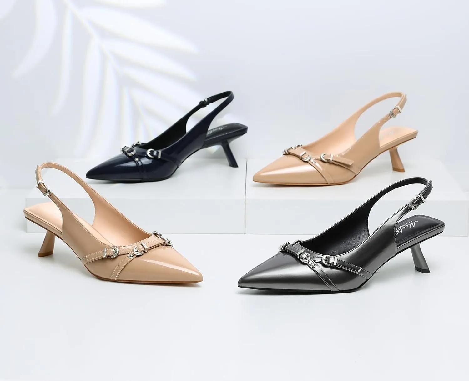 Mostrin Kitten Heels for Women Pointed Toe Pumps Patent Leather Low Heel Slingback Heels with Buckle Dress Shoes for Dating Party Working