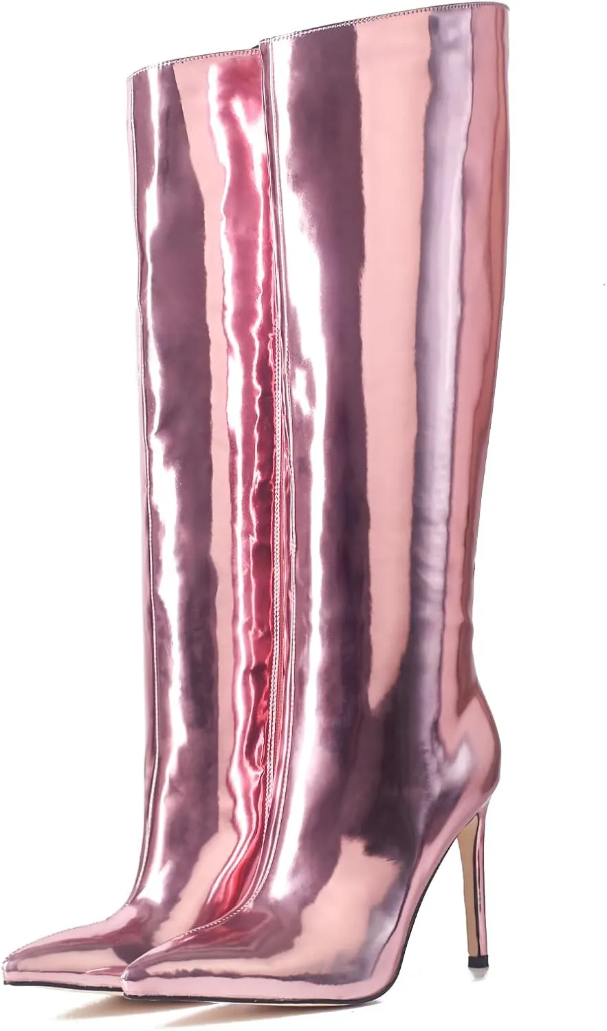 MUCCCUTE Knee High Boots Women High Heel Metallic Stiletto Pointed Toe Thigh High Boots Tall Long Boots Zipper Sexy Fashion Party