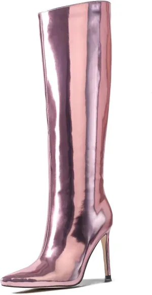MUCCCUTE Knee High Boots Women High Heel Metallic Stiletto Pointed Toe Thigh High Boots Tall Long Boots Zipper Sexy Fashion Party
